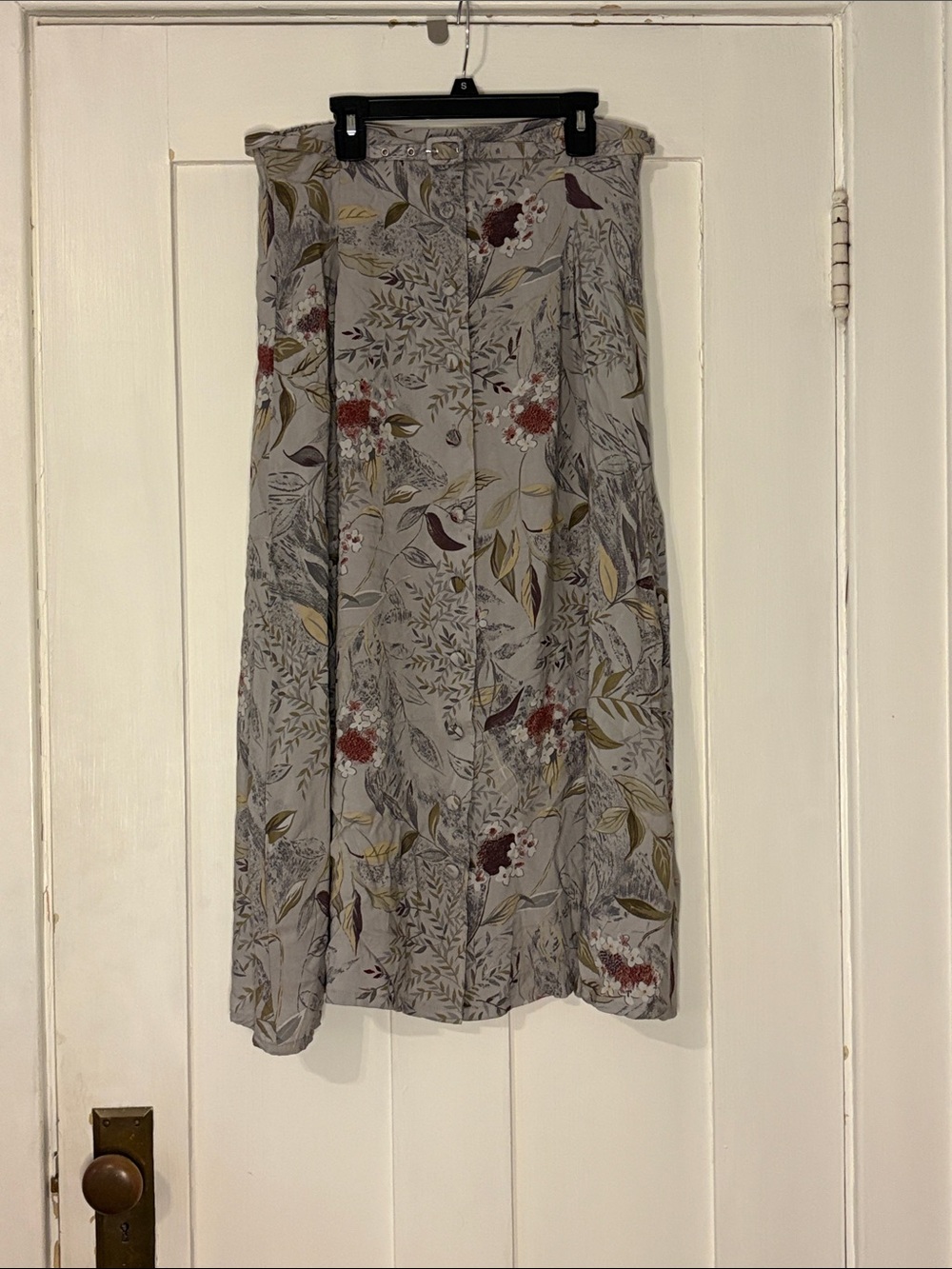 Sag Harbor Light Gray Floral Midi Skirt with Olive and Burgundy Accents
